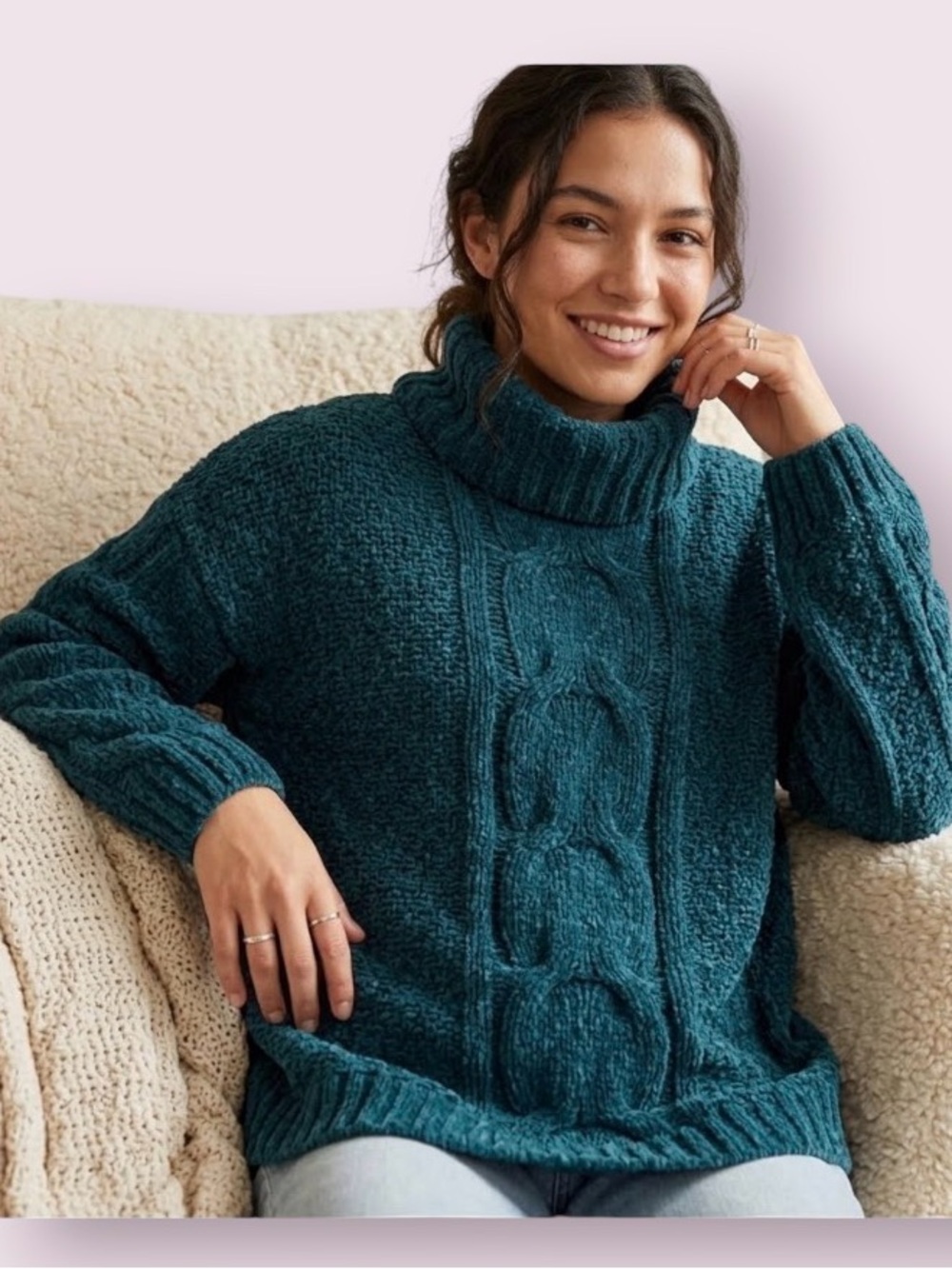 Seven7 Chenille Cowl Neck Sweater Cable Knit Forrest Green Oversized Large
